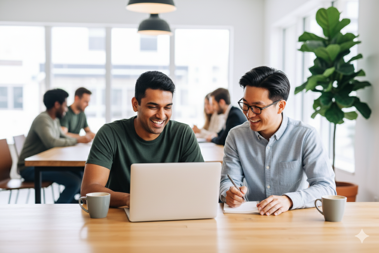 Homem sorrindo trabalhando no computador