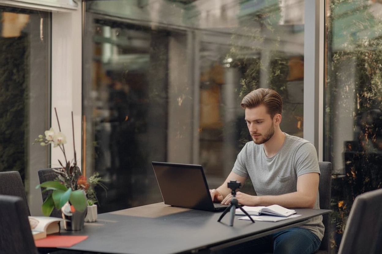 Mulher sorrindo trabalhando no computador