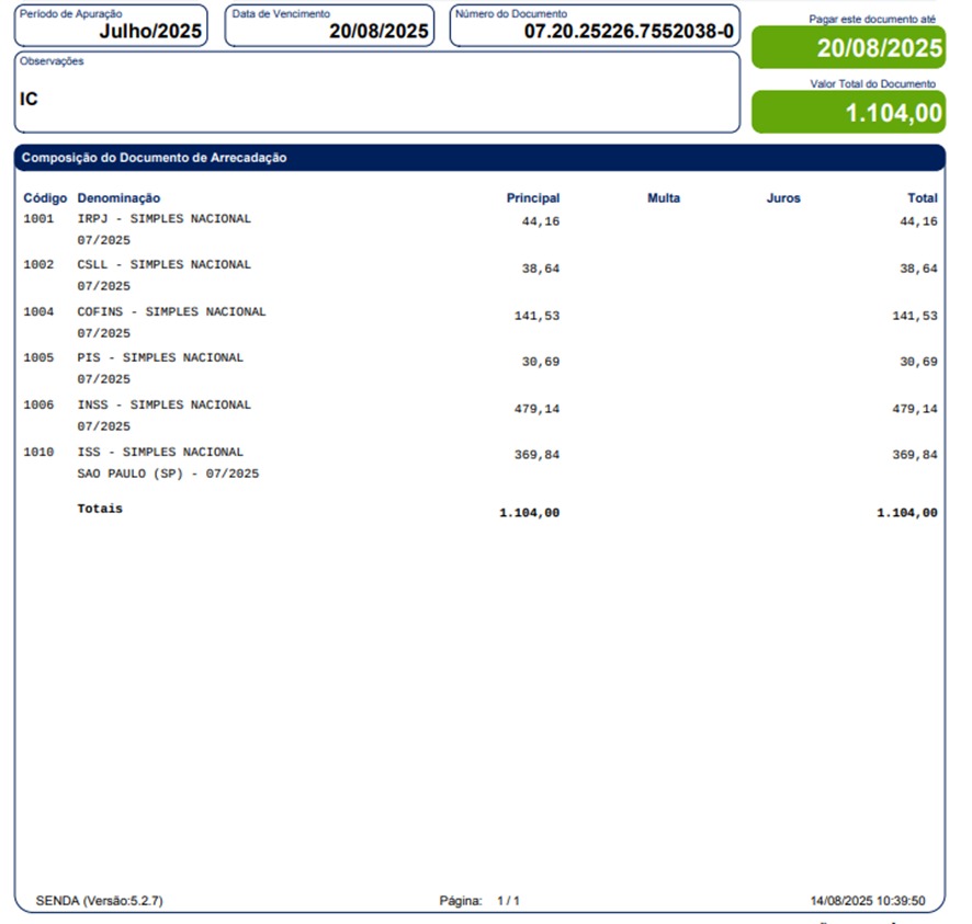 Tela de guias de impostos