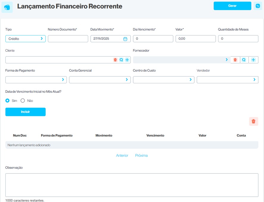 Tela de calendário fiscal